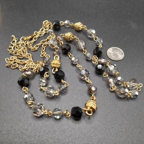 Vintage Long Black Smoky Crystal Necklace, 44 Inch, Gold Tone Chain Spacer Beads - Picture 10 of 11